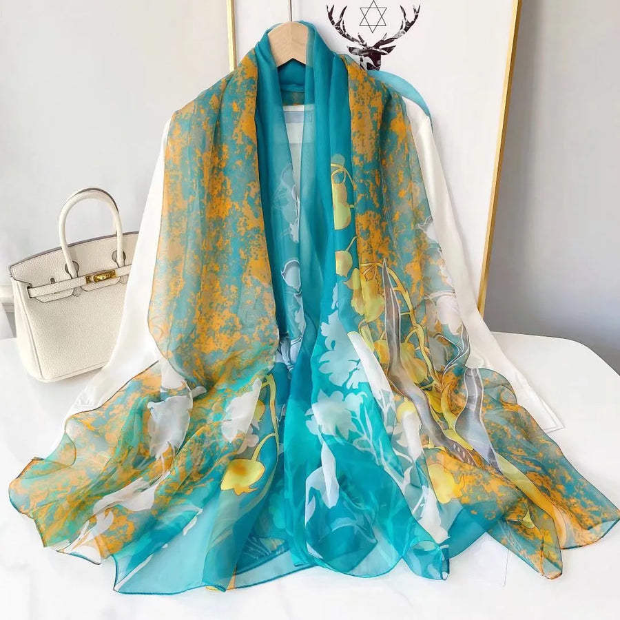 Lightweight women's scarf with landscape or floral patterns