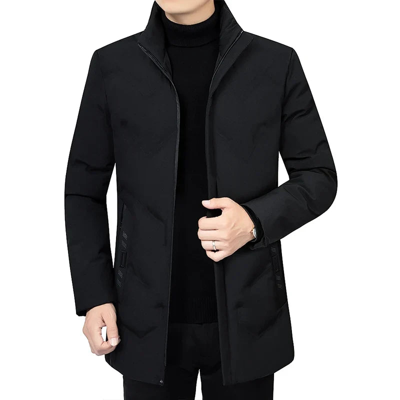 Cappotto lungo da uomo con cappuccio e chiusura a cerniera, nero