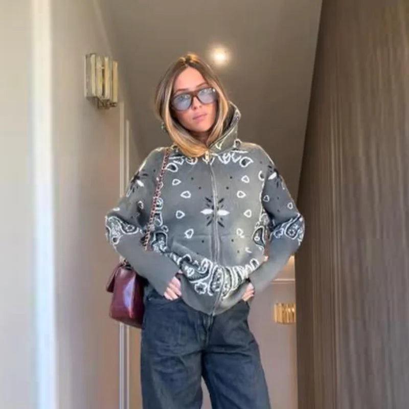 Women's Bandana-Print Zip-Up Jacket with a Stand Collar