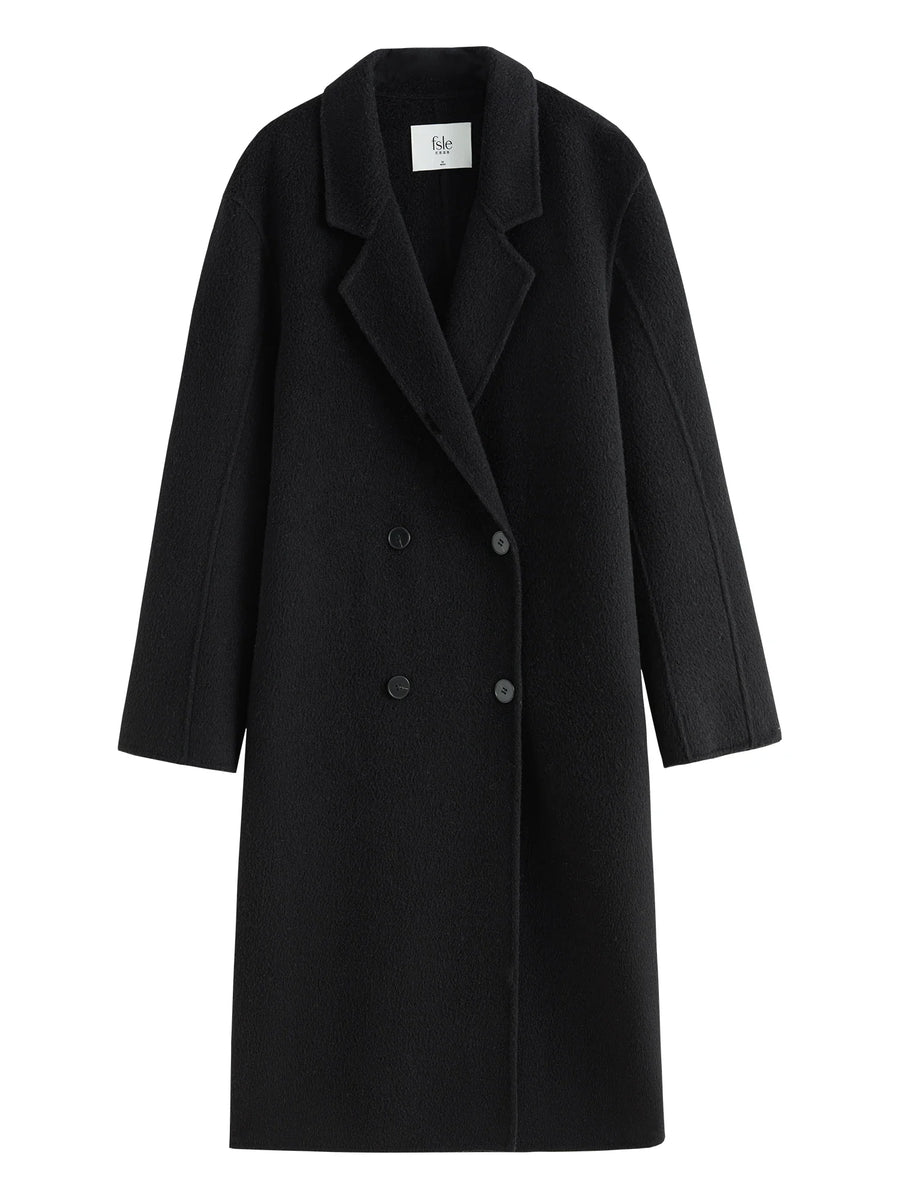 Women's straight-cut, double-breasted wrap coat in a solid color