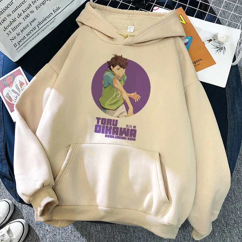Unisex hettegenser med Haikyuu-grafikktrykk, avslappet stil