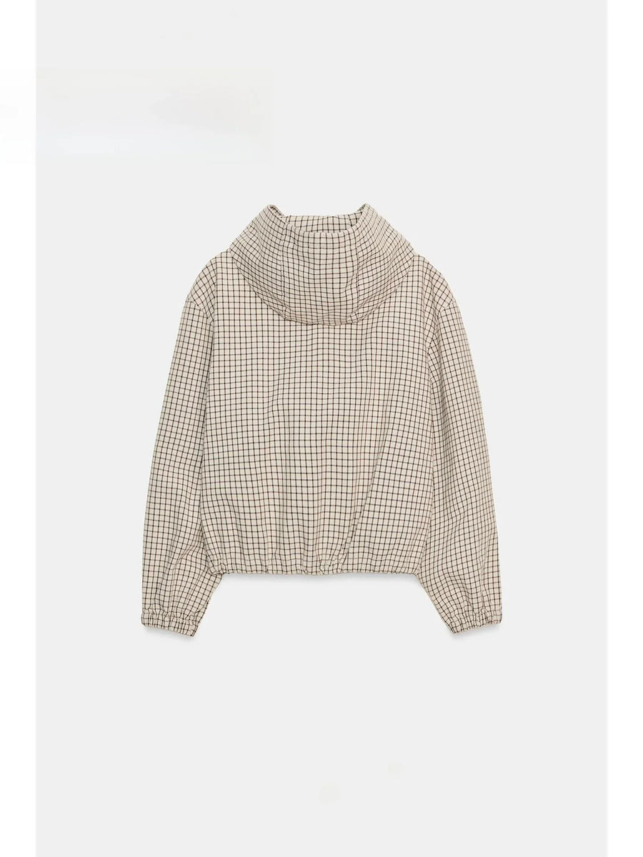 Veste légère à carreaux beige avec capuche et cordon de serrage femme