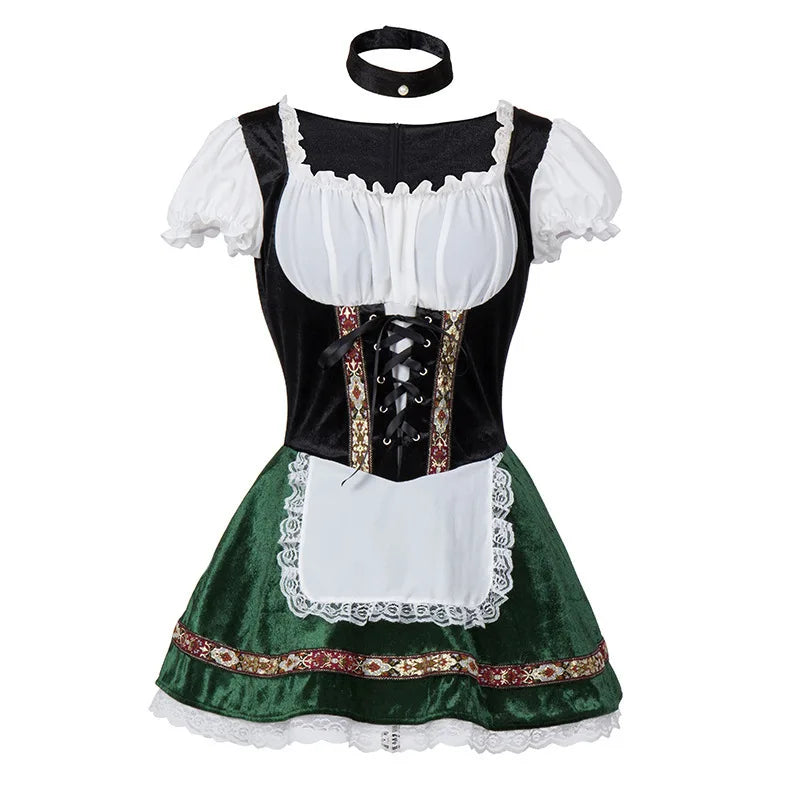 Kort kvinde-dirndl-kjole med forklæde og rund hals i vinrød