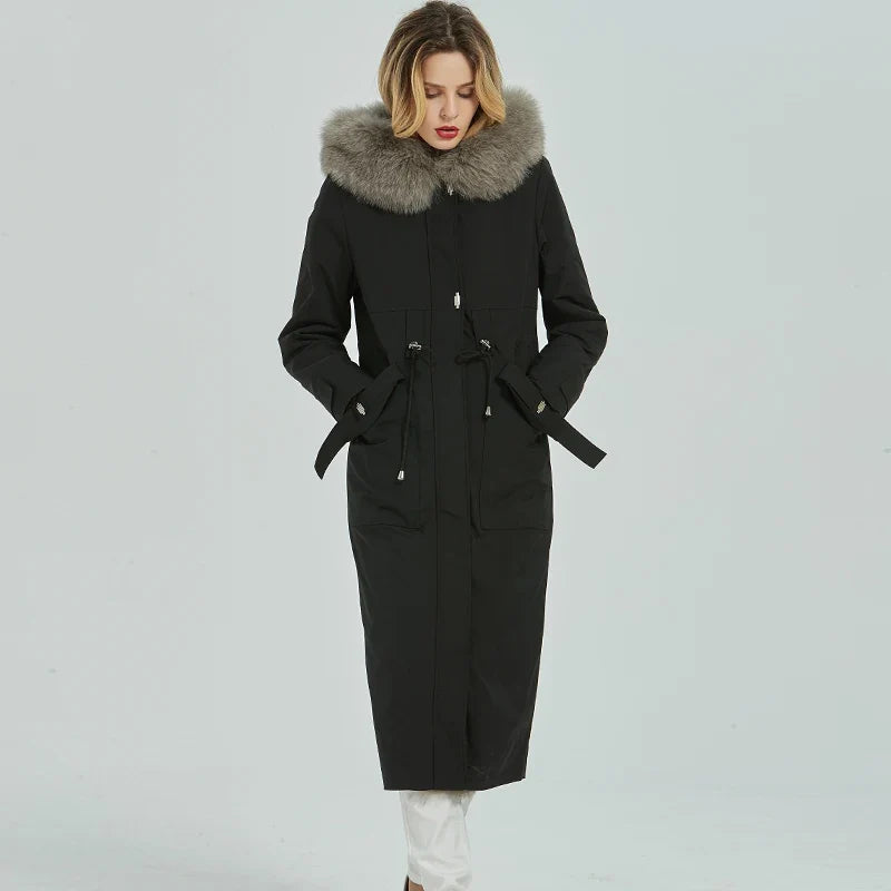 Black long parka for women with a hood and gray faux-fur lining