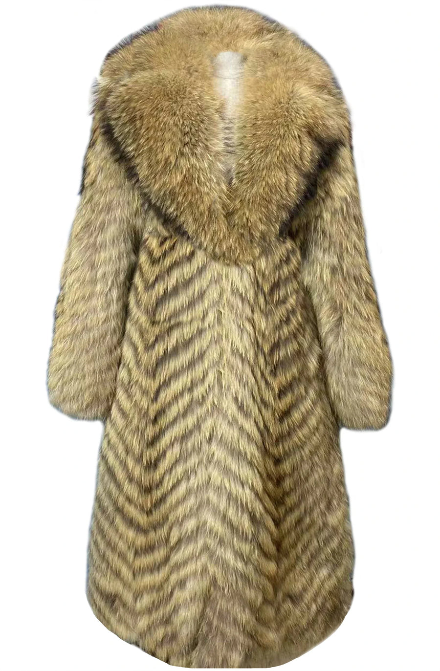Manteau long pour femme en fausse fourrure à motif chevrons et col large