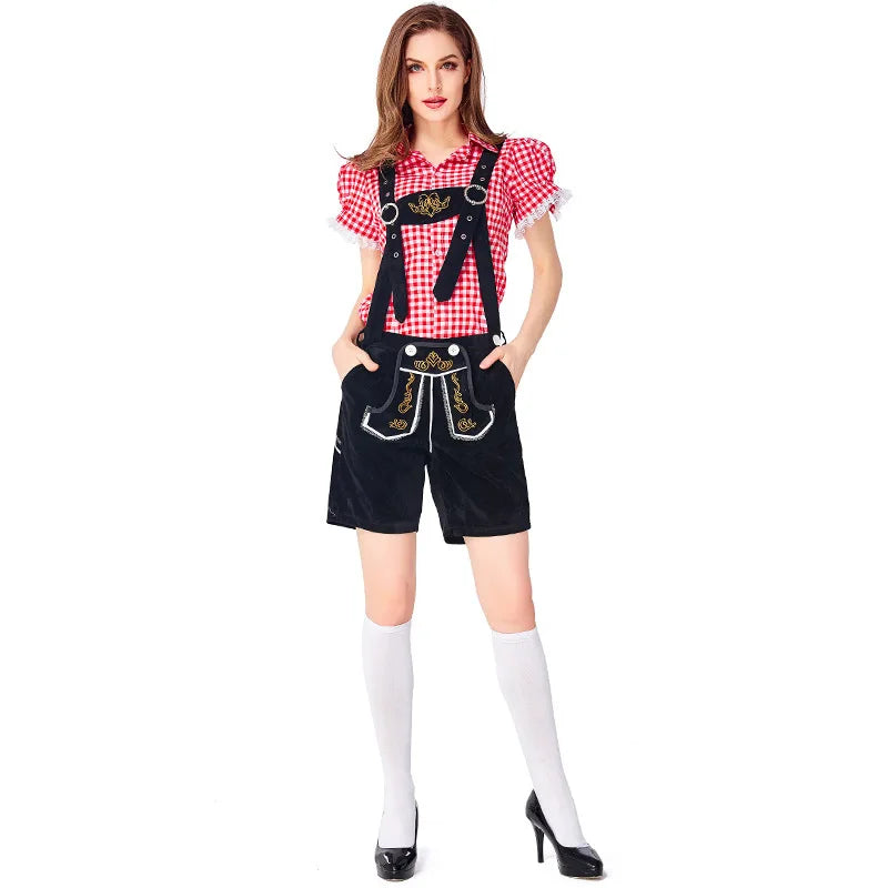 Damen-Lederhosen-Set mit Karomuster, Hemd und Träger-Shorts im bayerischen Stil