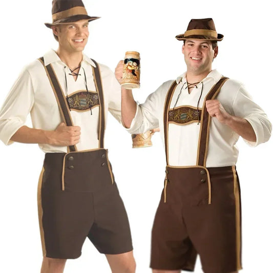 Komplettes bayerisches Herren-Kostüm in Braun und Weiß mit Hosenträgern und Hut