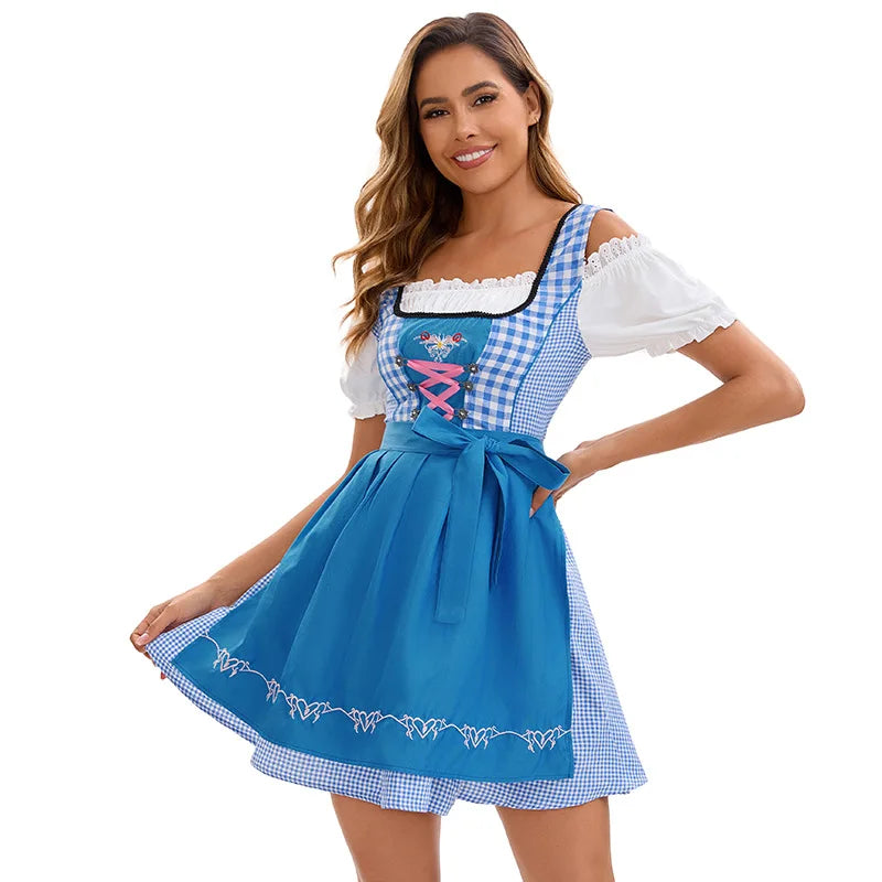 Blå- og hvidternet dirndl-kjole med forklæde og bluse til kvinder