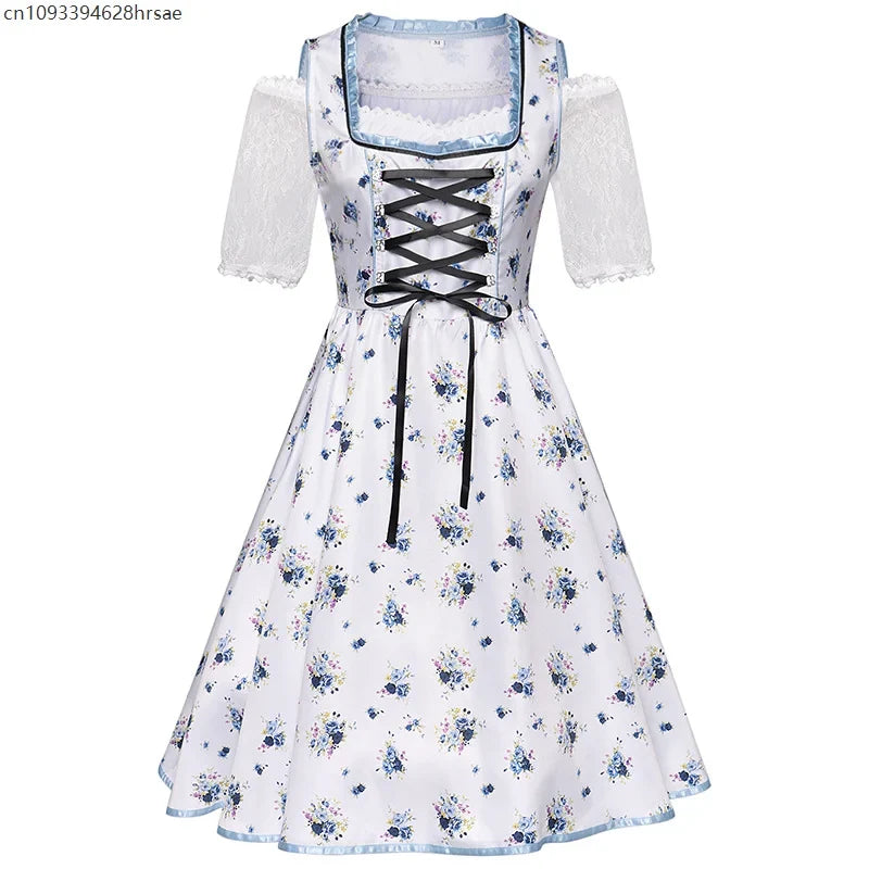Traditionel blå og hvid blomstrende dirndl-kjole til kvinder med forklæde og bluse