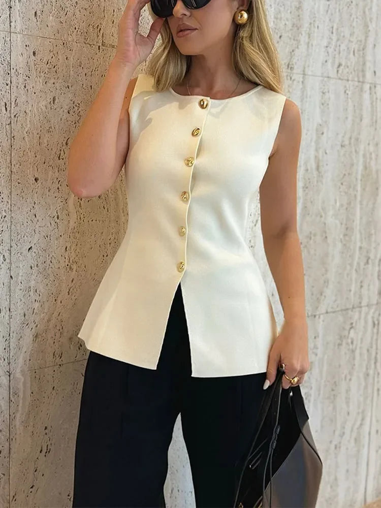 Women's sleeveless crew-neck top with decorative buttons