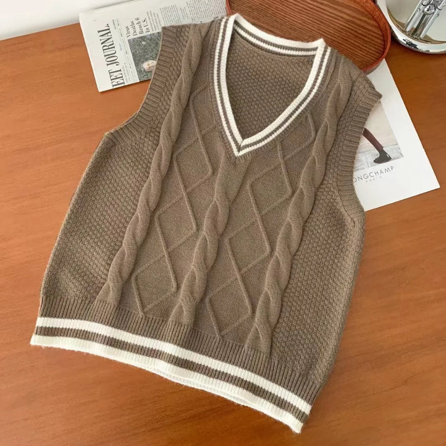 Gilet da donna senza maniche in maglia con scollo a V e motivi a trecce, stile preppy