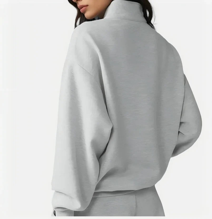 Conjunto deportivo gris claro para mujer - Sudadera con cremallera y cuello alto y pantalón corto