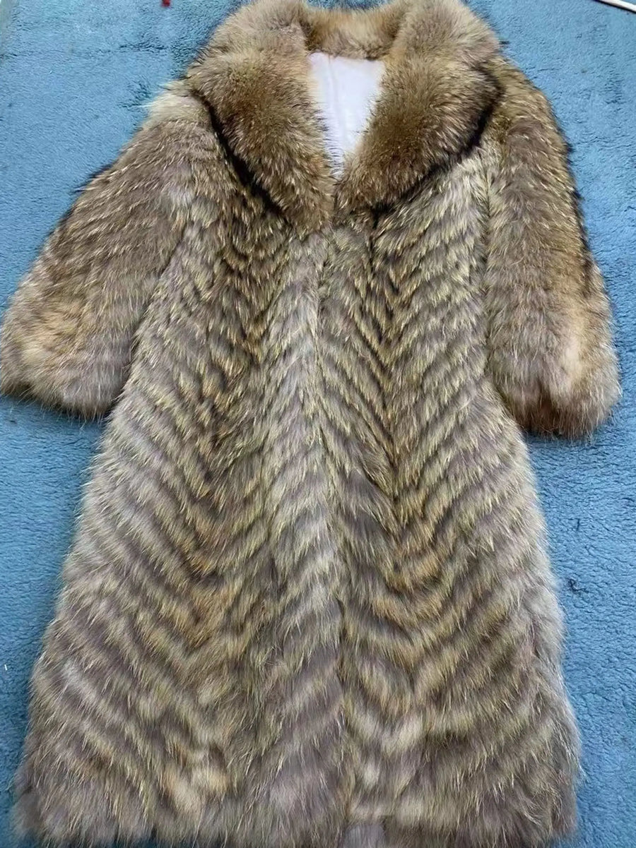 Manteau long pour femme en fausse fourrure à motif chevrons et col large