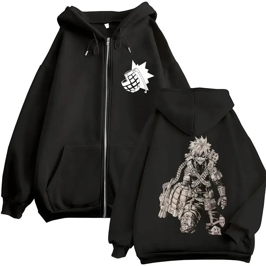 Sweat à capuche zippé imprimé motif fantaisie avec poches kangourou