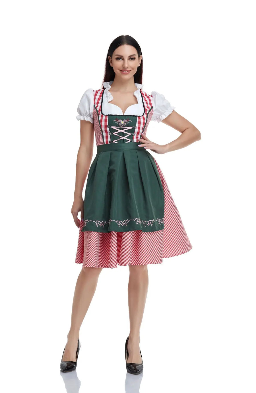Traditionel dirndl-kjole med ternet mønster, korset og forklæde til kvinder
