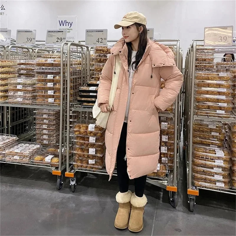 Piumino lungo casual da donna con cappuccio, per l'inverno