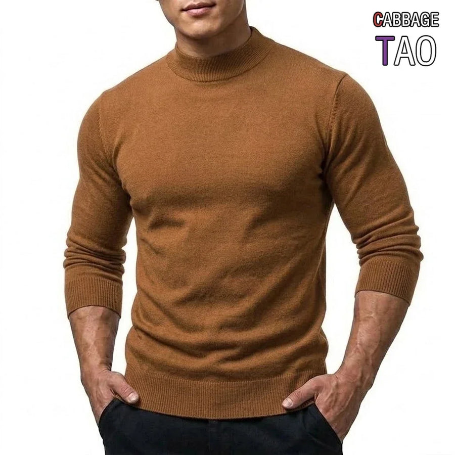 Maglione da uomo a collo alto, maniche lunghe, lavorazione fine, tinta unita