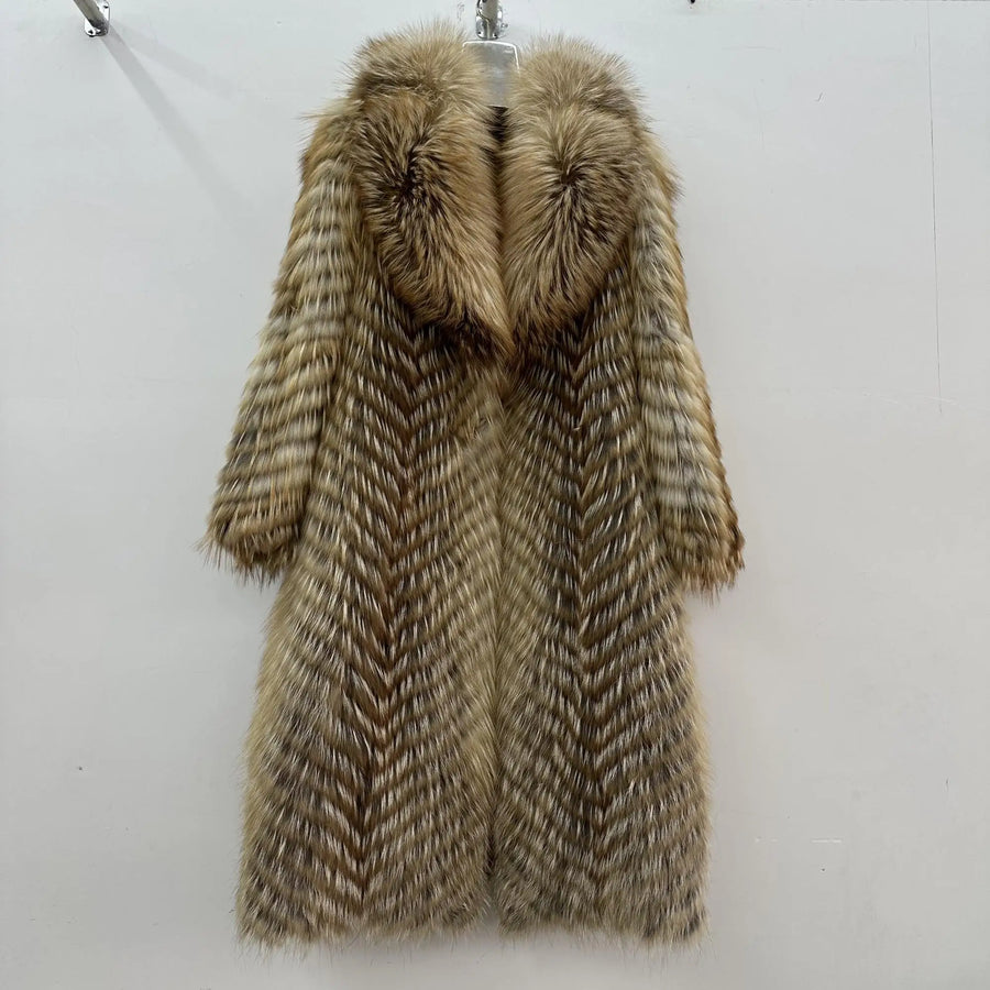 Manteau long pour femme en fausse fourrure à motif chevrons et col large