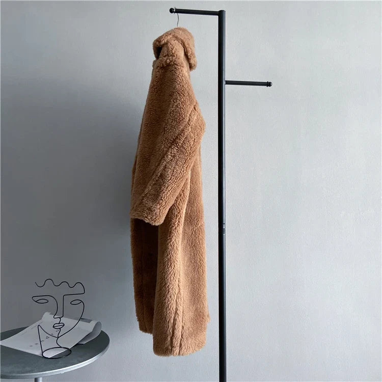 Manteau long femme teddy effet mouton marron chaud