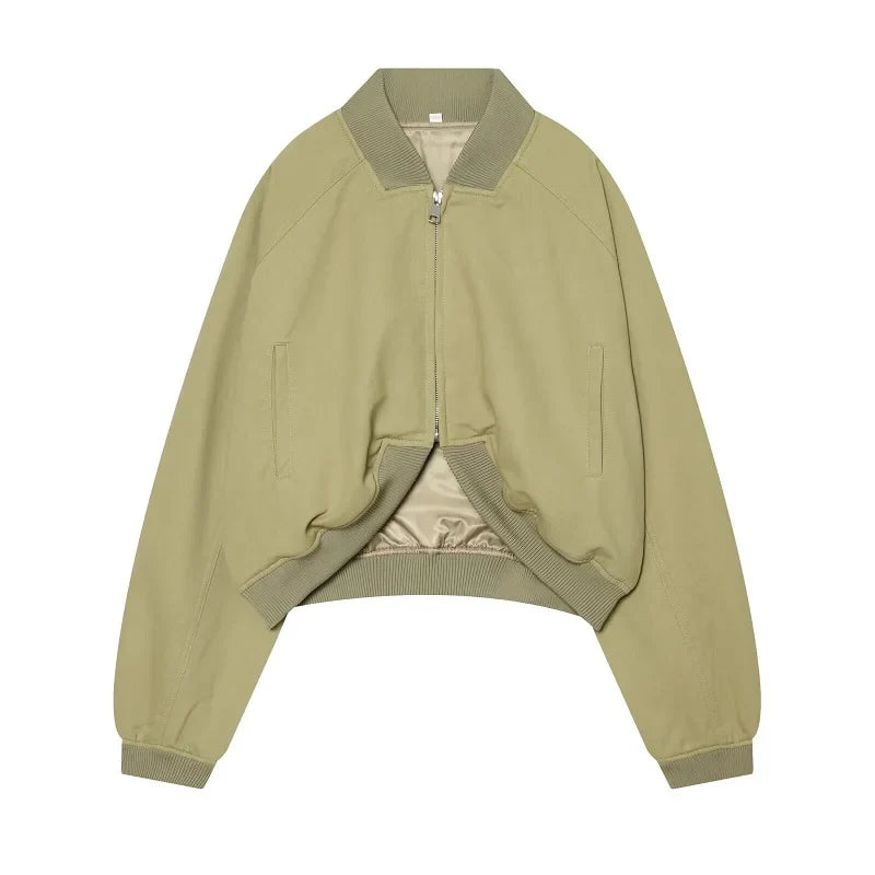 Blouson Bomber Femme Court Vert Kaki Col Relevé Manches Longues