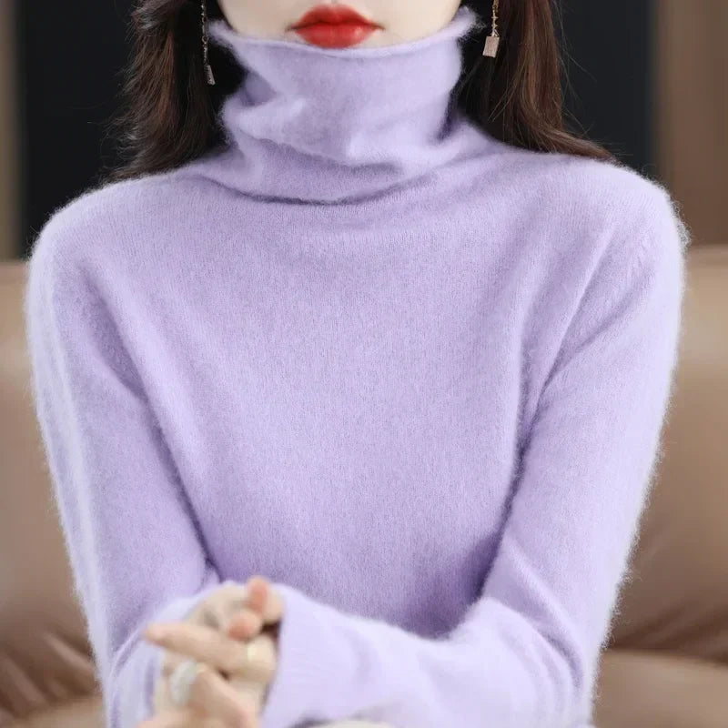Pull col roulé femme en tricot doux, manches longues uni