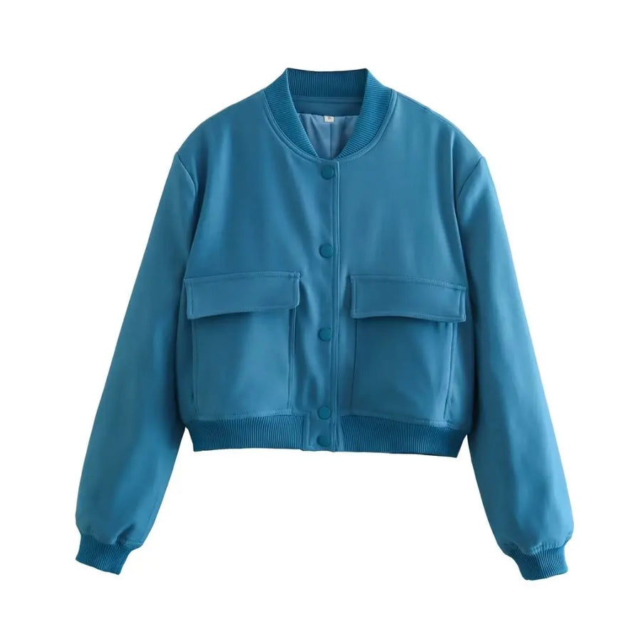 Kurze Damen-Bomberjacke mit Knopfleiste, Baseballkragen und aufgesetzten Taschen