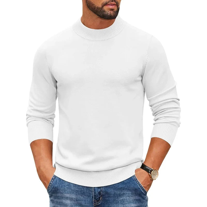Jersey de punto para hombre con cuello alto acanalado y manga larga, color liso