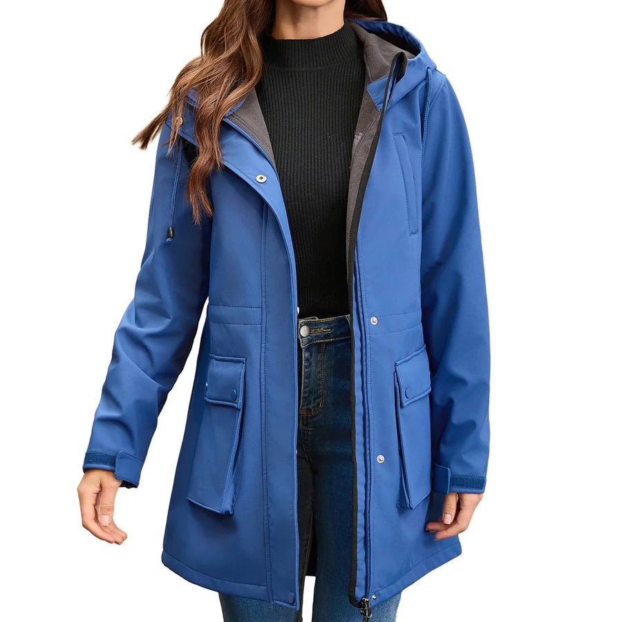 Vanntett parkas for kvinner med hette og lommer, mellomlang