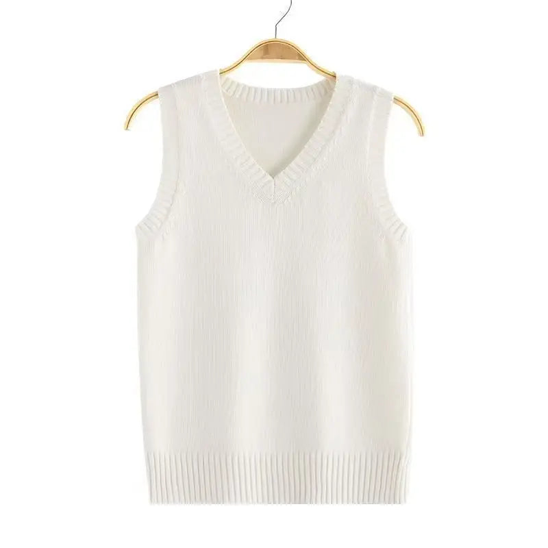 Gilet Pull Tricoté sans Manches Col V Couleur Unie