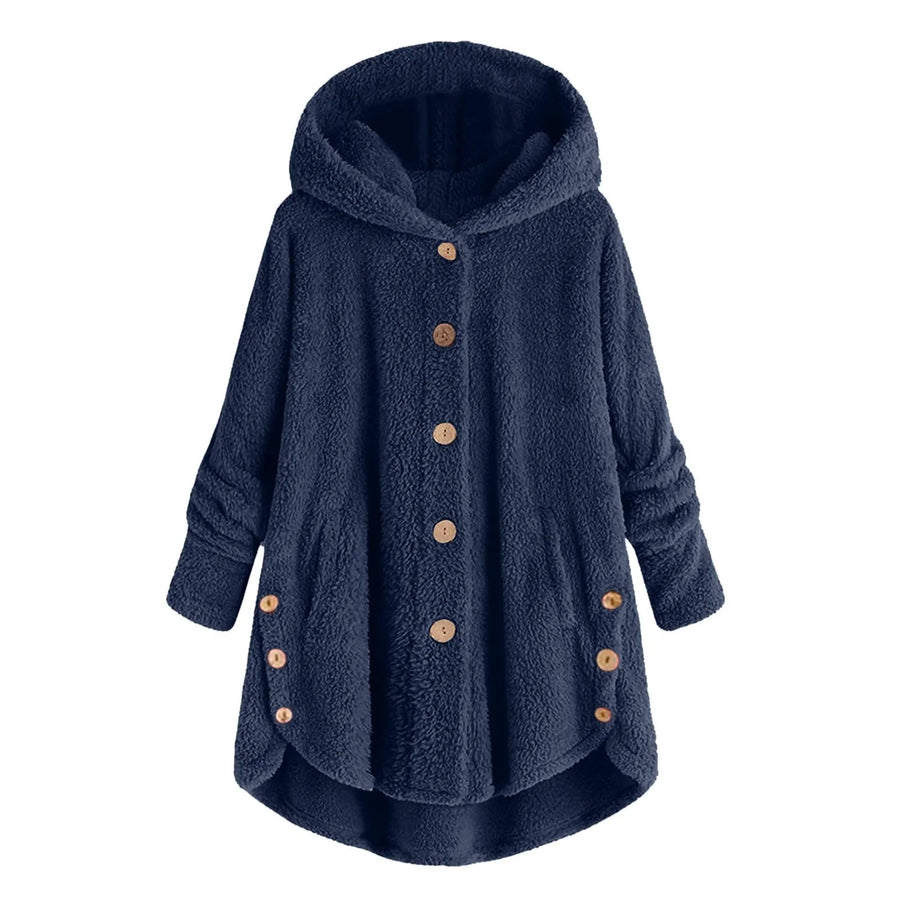 Manteau à Capuche Doux Femme, Boutons et Ourlet Asymétrique, Plusieurs Couleurs