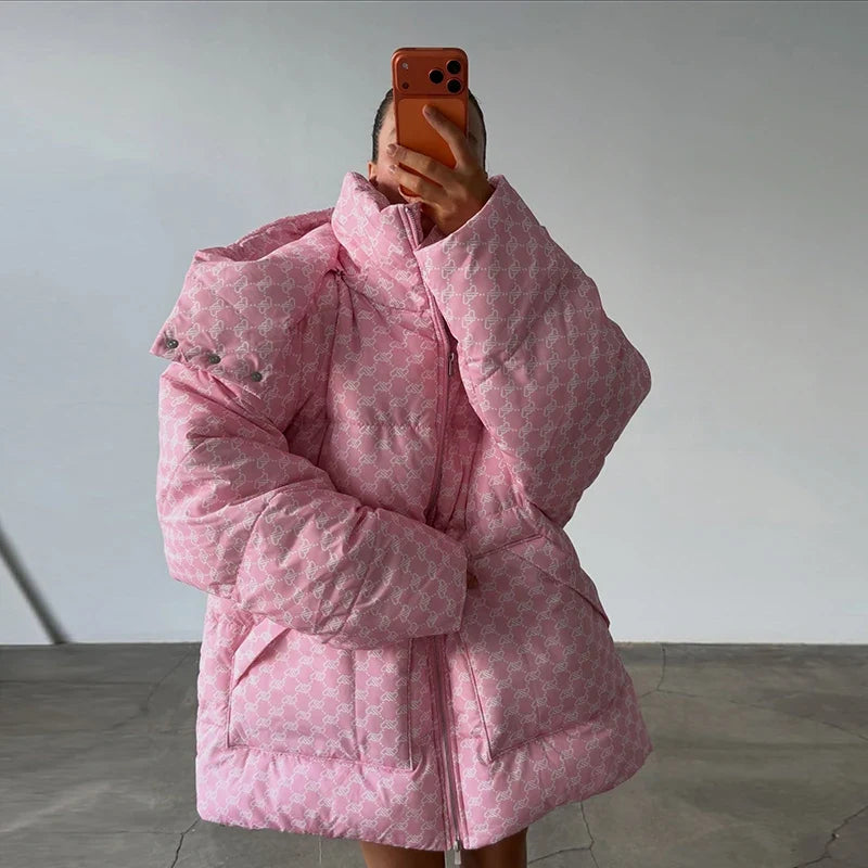 Oversized vatteret dunjakke til kvinder med hætte og print