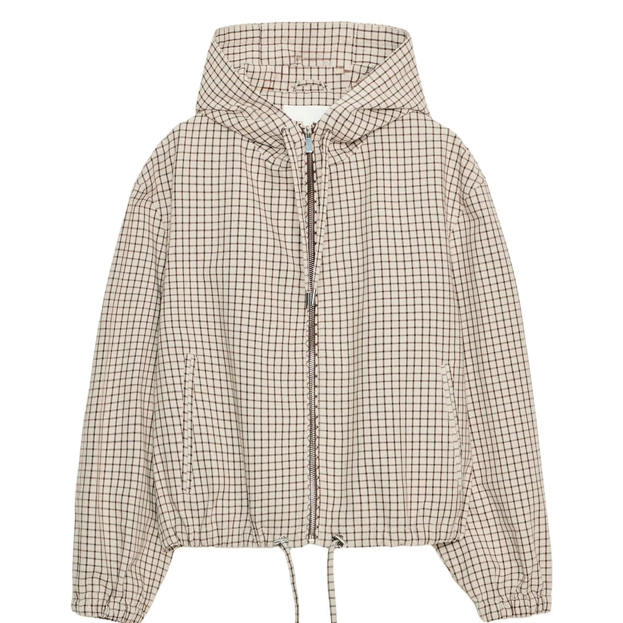 Veste légère à carreaux beige avec capuche et cordon de serrage femme