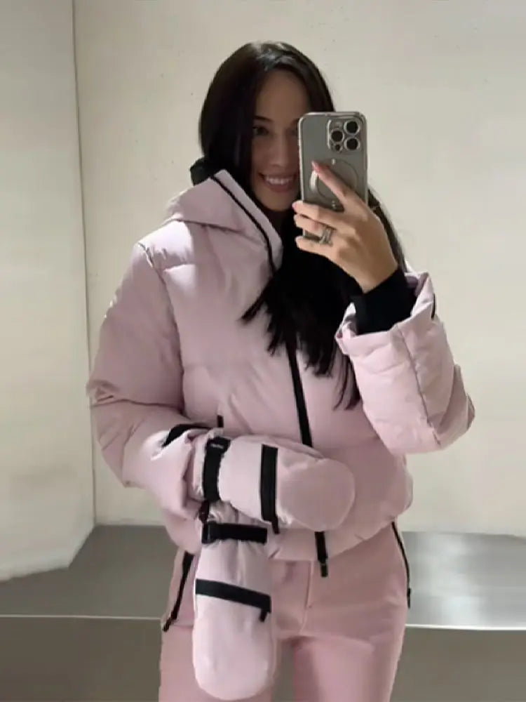 Women's pink ski suit - cropped puffer jacket and slim pants with zippers