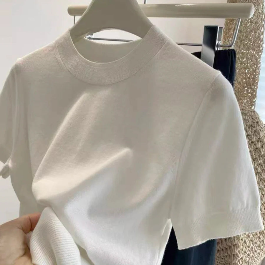 Women's solid-color short-sleeve knit T-shirt with a high neck