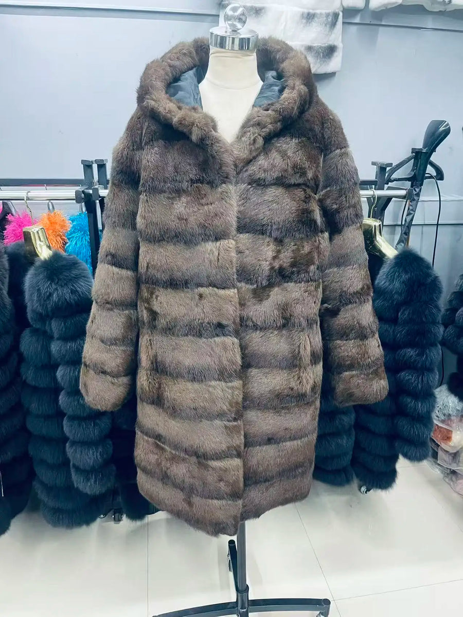 Women's soft fur-effect hooded coat