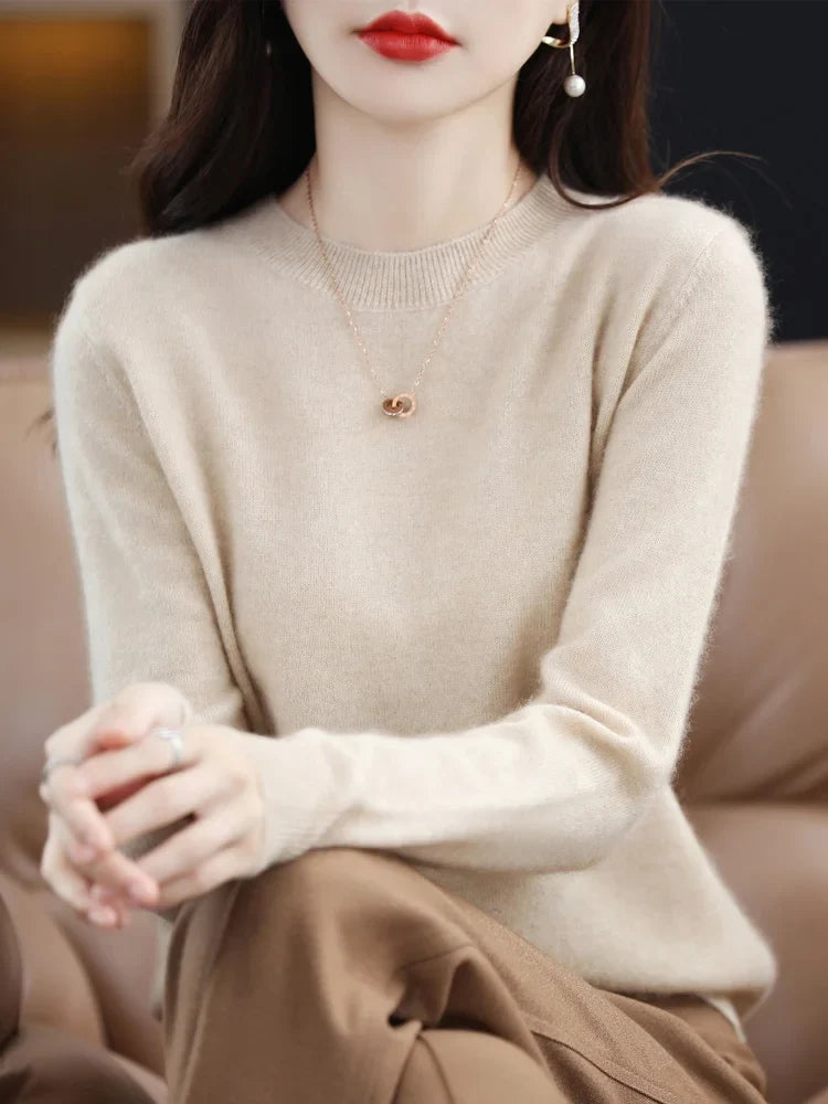 Pull col rond basique femme manches longues uni