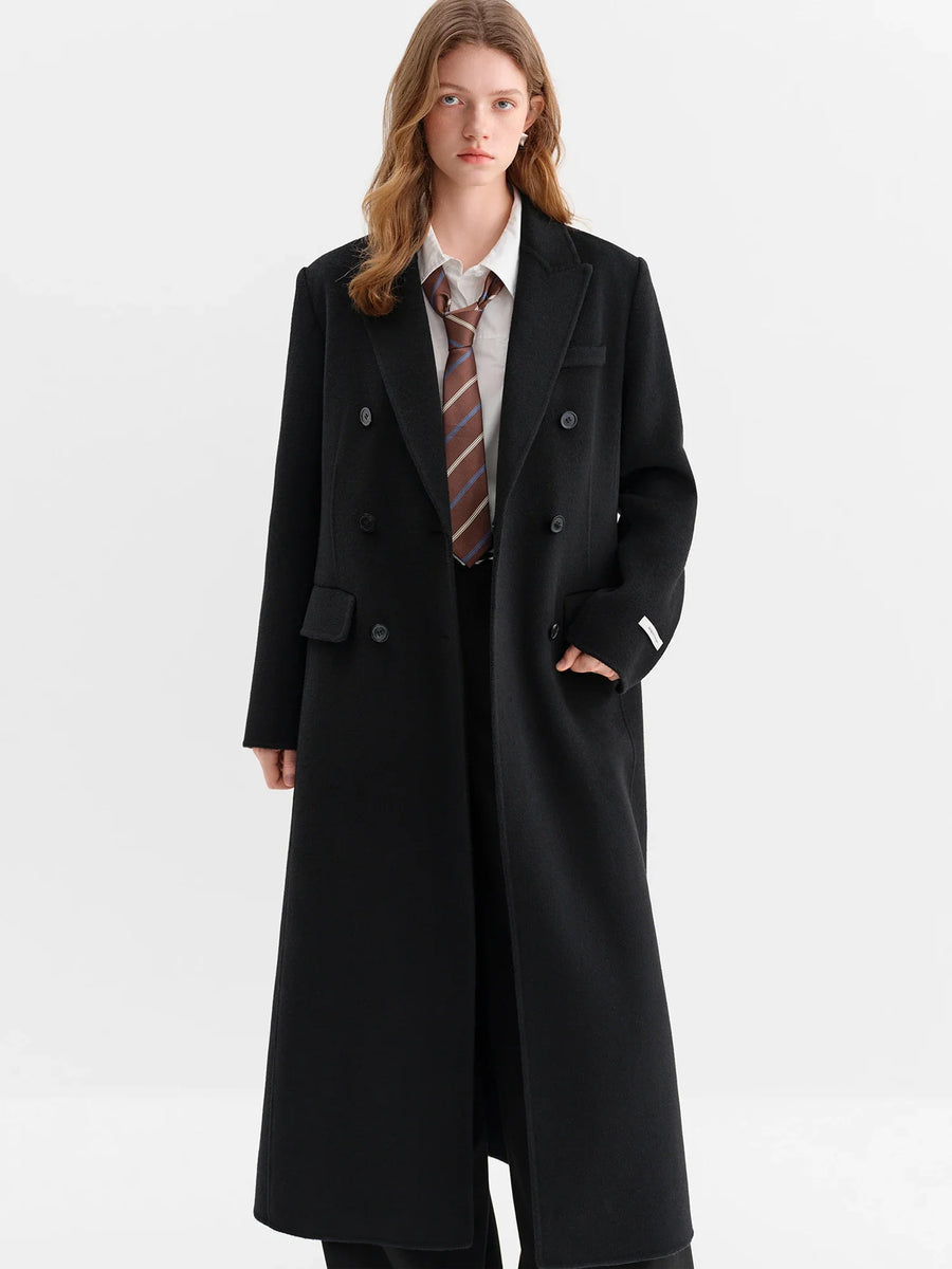 Long women's double-breasted wrap coat in burgundy red