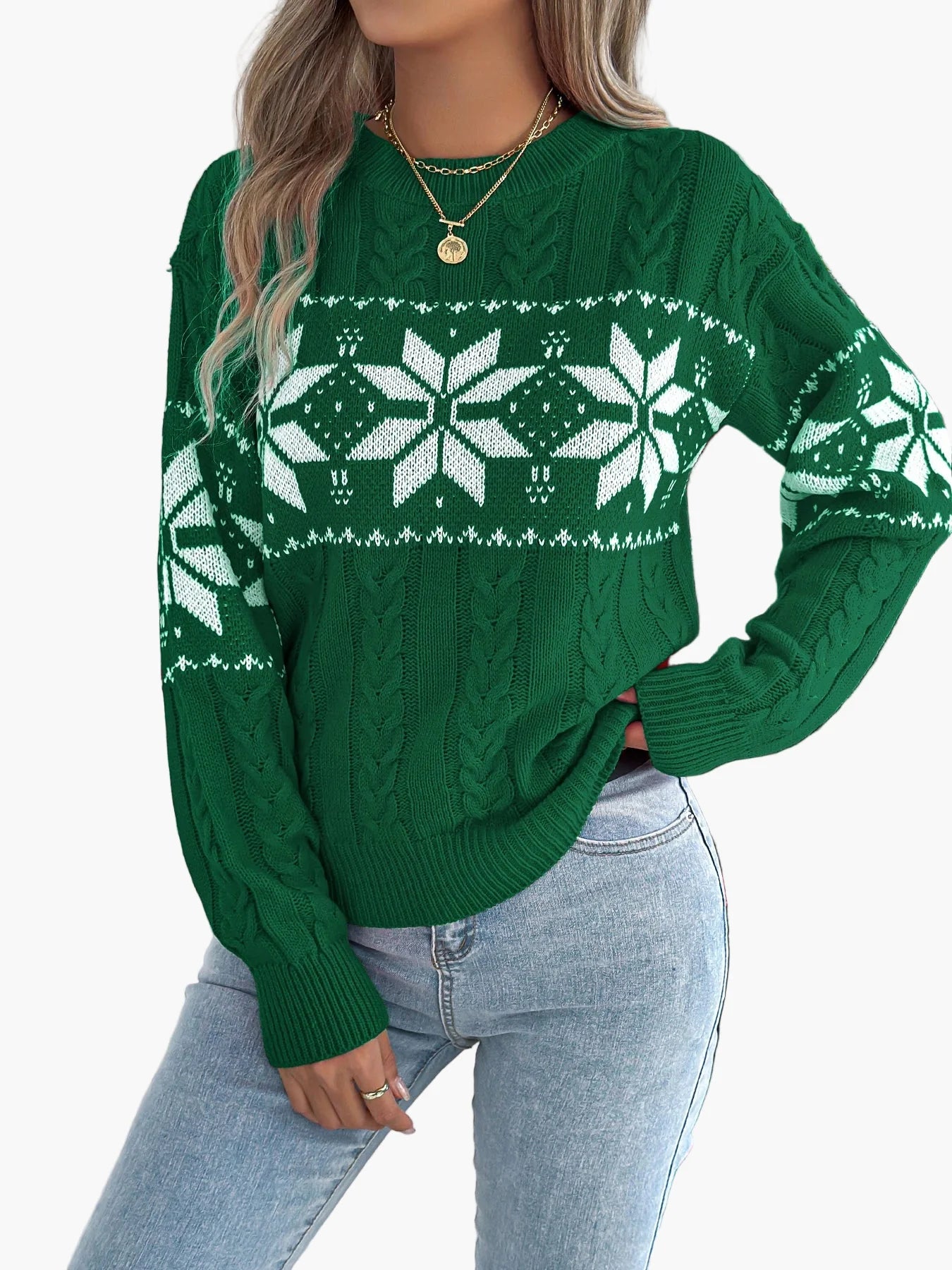 Damen Weihnachts-Pullover im nordischen Stil mit Schneeflockenmuster, ideal für Winter und Festtage