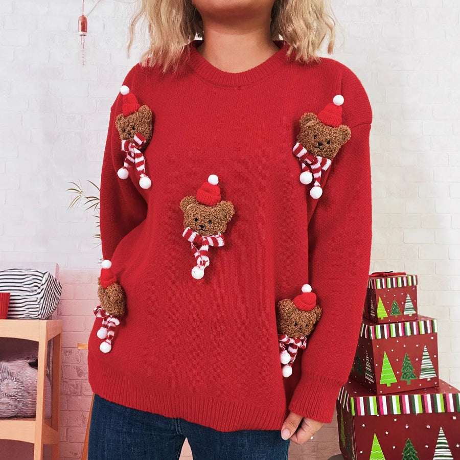 Rød julesweater med 3D-bamser