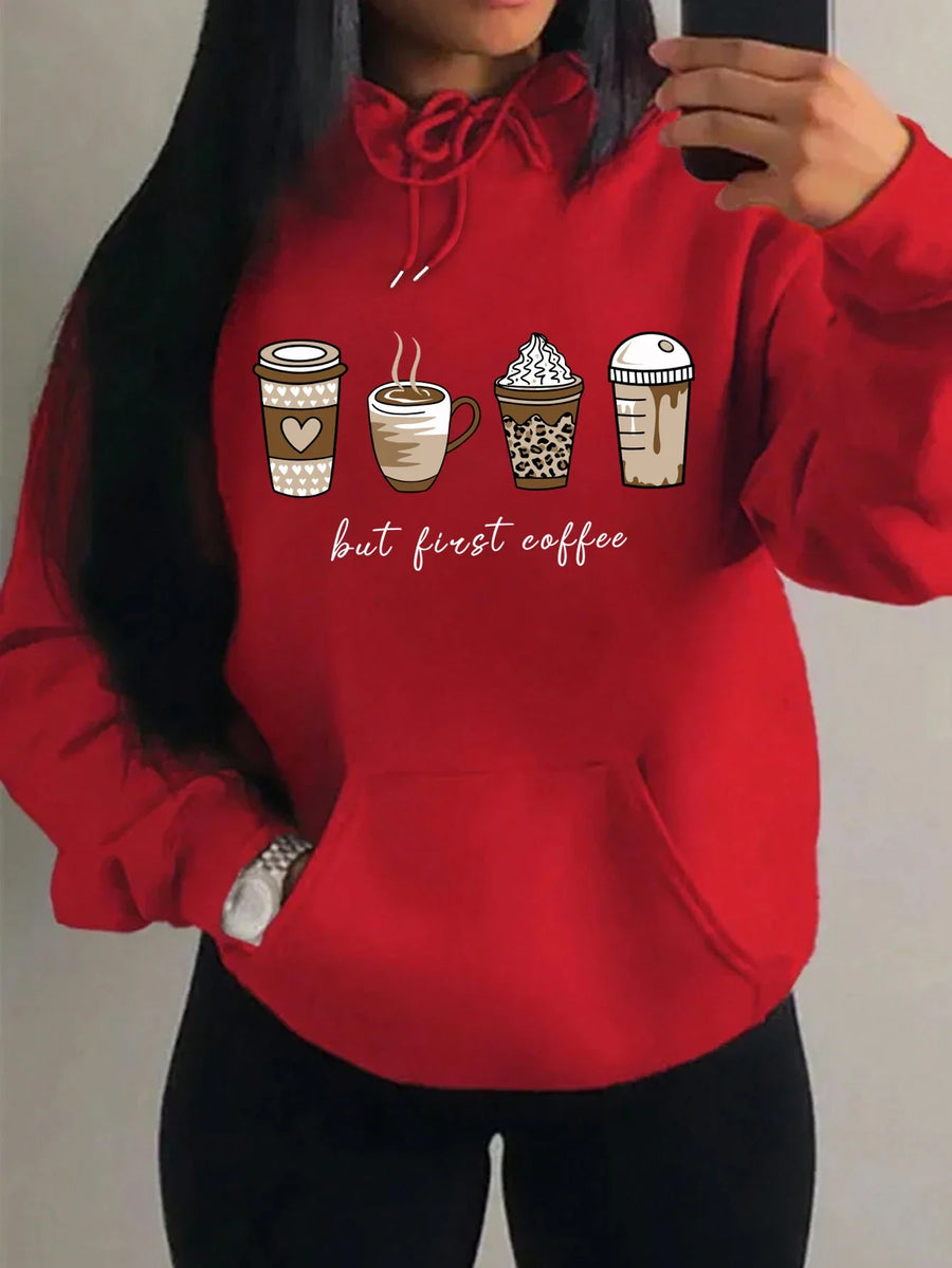 Hættetrøje til kvinder med kaffekopmotiv og teksten "But First Coffee"