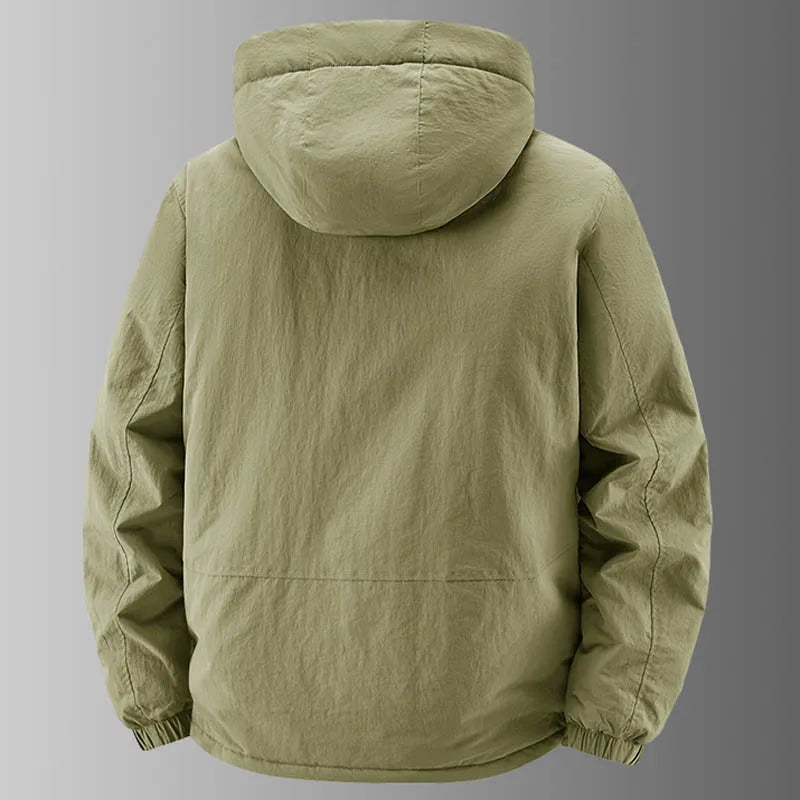 Men's lined hooded jacket with multiple pockets, zip closure, and sleeve badge