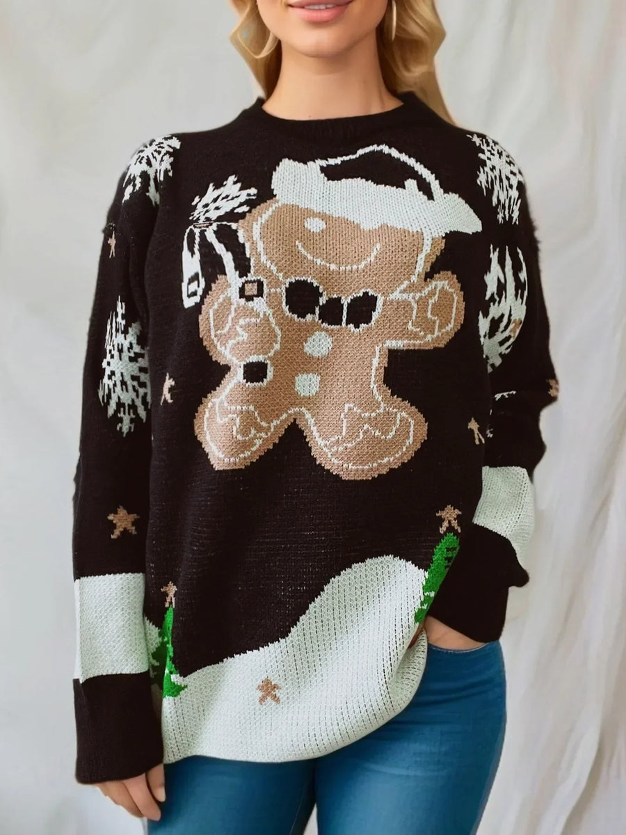 Women's knitted Christmas sweater with gingerbread man and snowflake designs