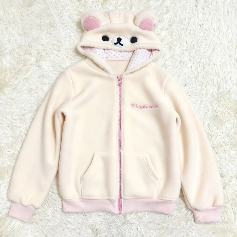 Women's Beige Fleece Zip-Up Hoodie with Animal Ears and Face