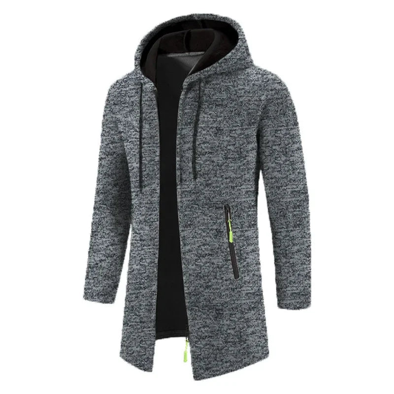 Manteau long homme style cardigan à capuche mélangée avec poches zippées