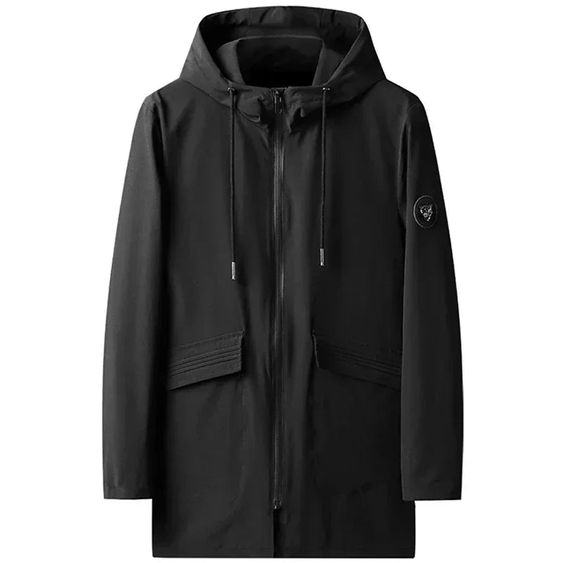Abrigo largo negro con capucha para hombre, forrado de polar para el invierno