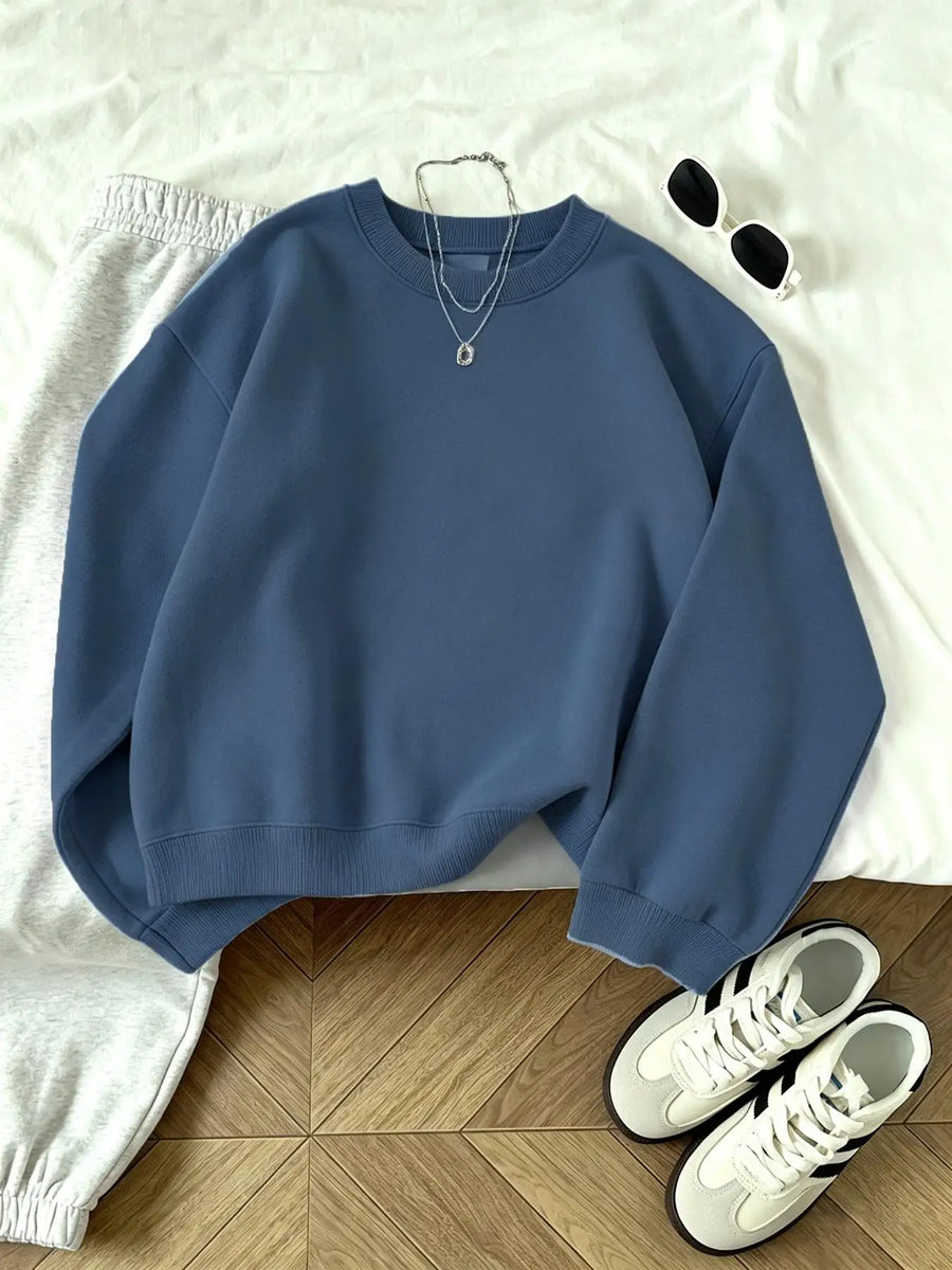 Sudadera informal para mujer con cuello redondo, corte holgado y color gris oscuro