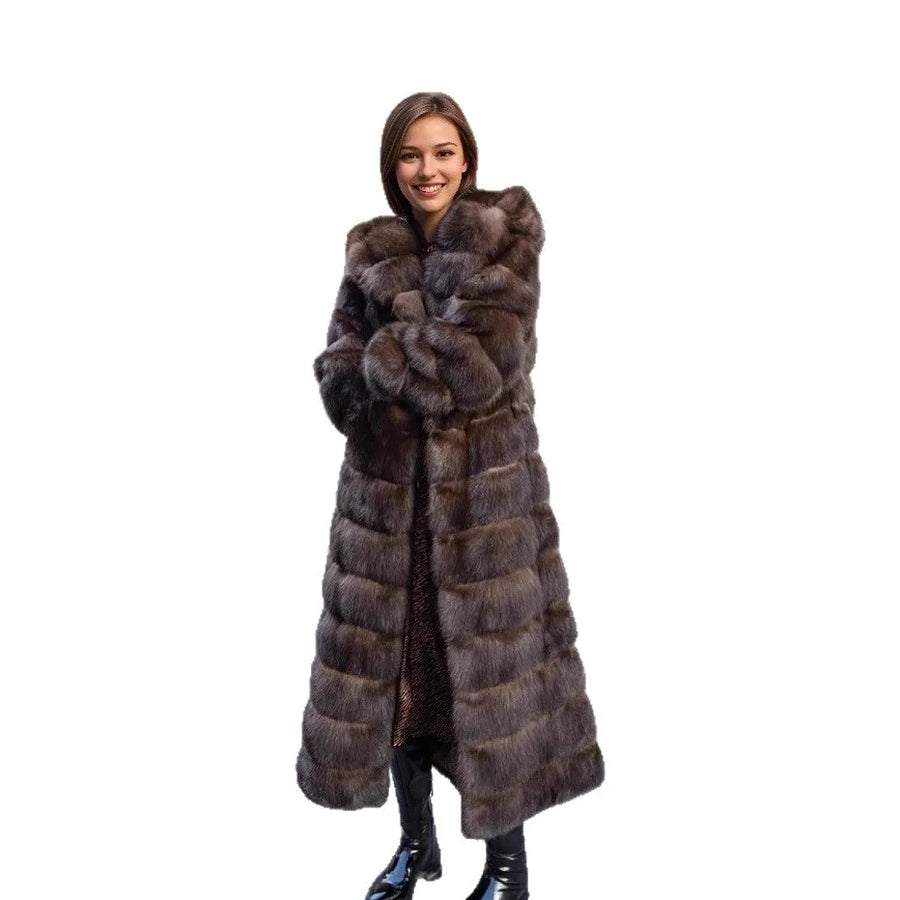 Cappotto lungo da donna con cappuccio in ecopelliccia spessa marrone