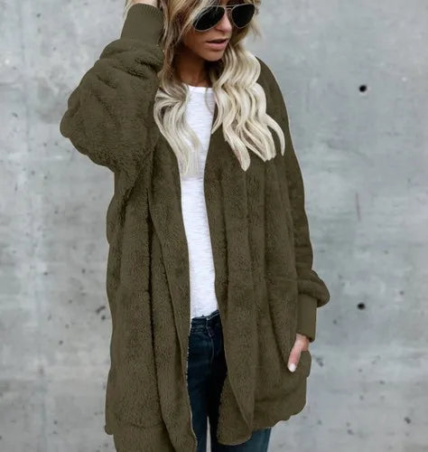Gilet long femme doux à capuche uni avec poches