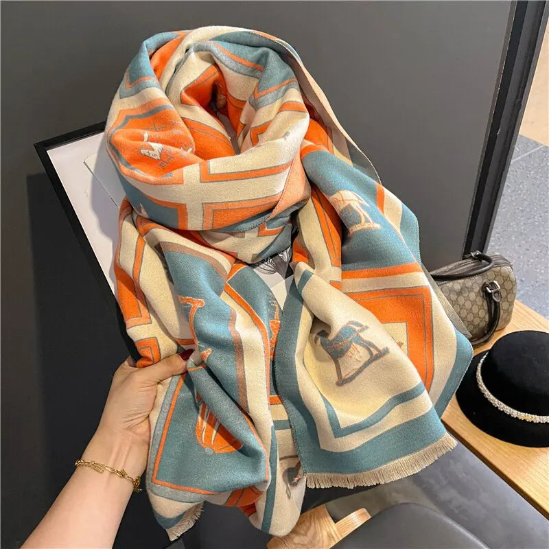 Soft multicolored scarf with rider and carriage motif and fringes