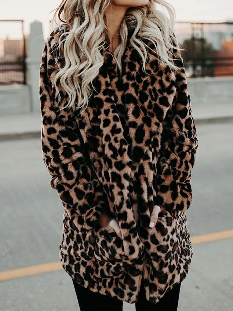 Women's Soft Leopard-Print Coat with Wide Collar